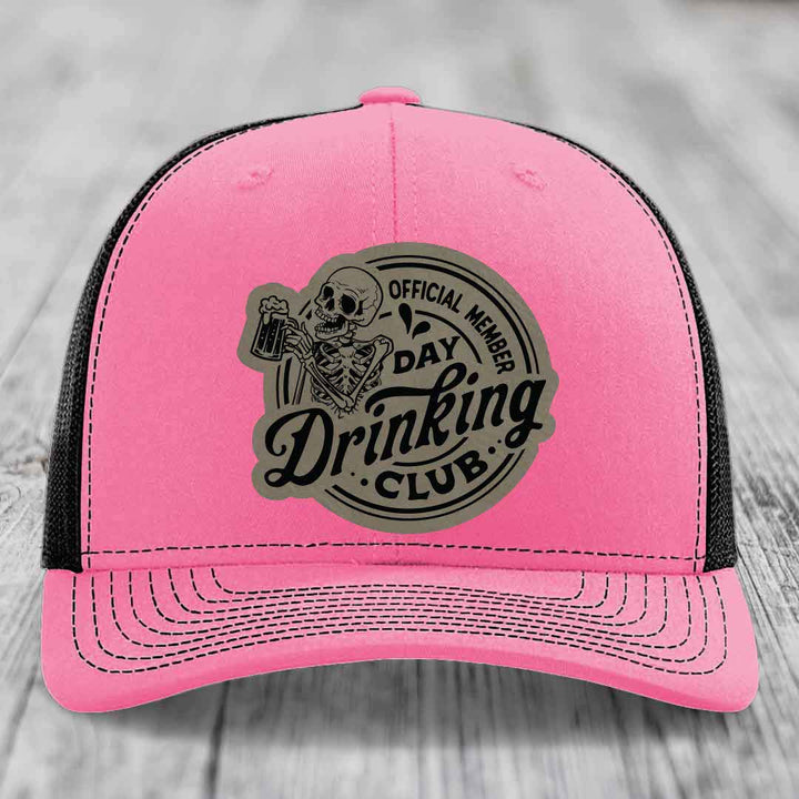 Official Member, Day Drinking Club - Leather Patch Hat - Light Brown to Black Patch - Richardson 112 Snapback Trucker Hat