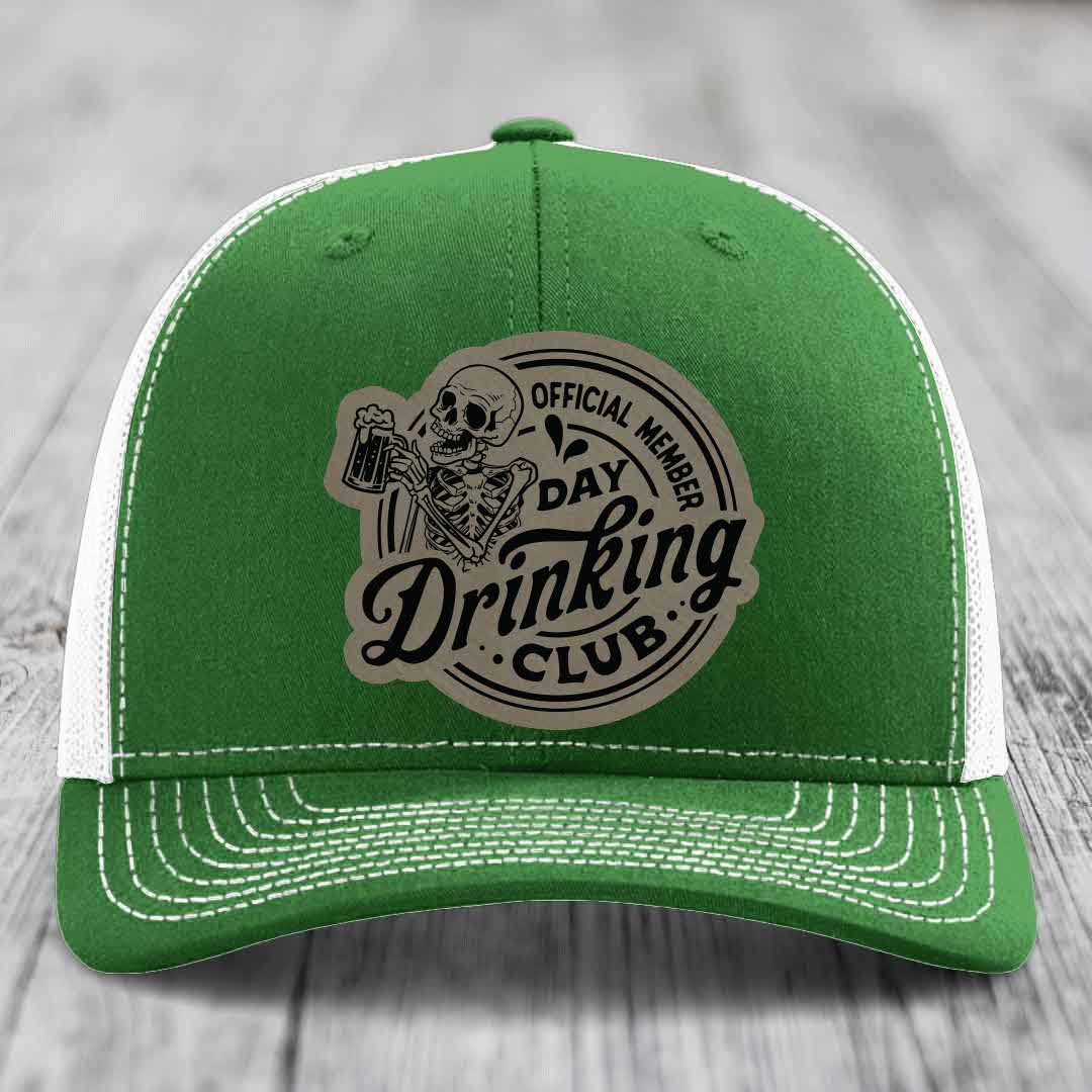 Official Member, Day Drinking Club - Leather Patch Hat - Light Brown to Black Patch - Richardson 112 Snapback Trucker Hat