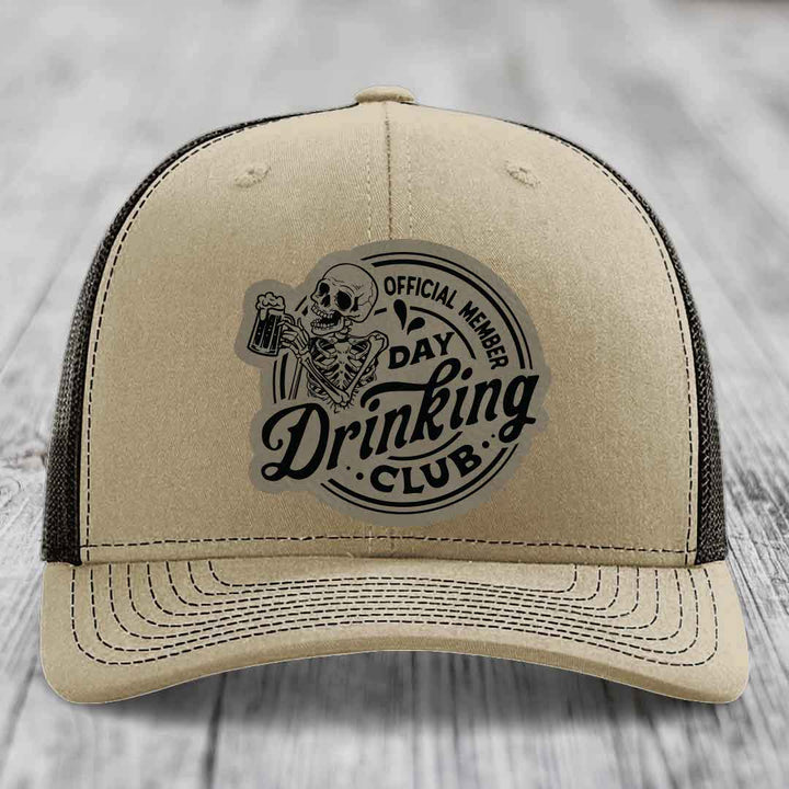 Official Member, Day Drinking Club - Leather Patch Hat - Light Brown to Black Patch - Richardson 112 Snapback Trucker Hat