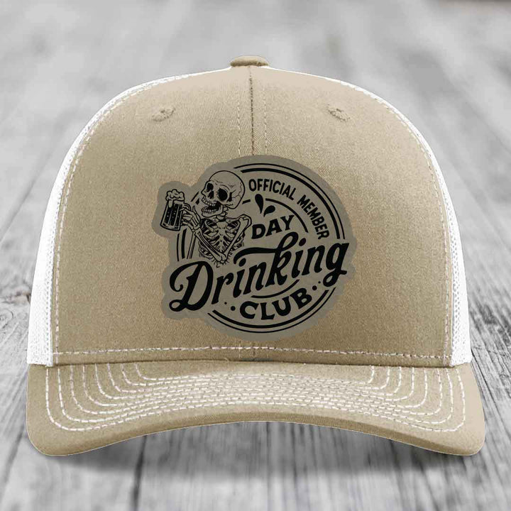 Official Member, Day Drinking Club - Leather Patch Hat - Light Brown to Black Patch - Richardson 112 Snapback Trucker Hat