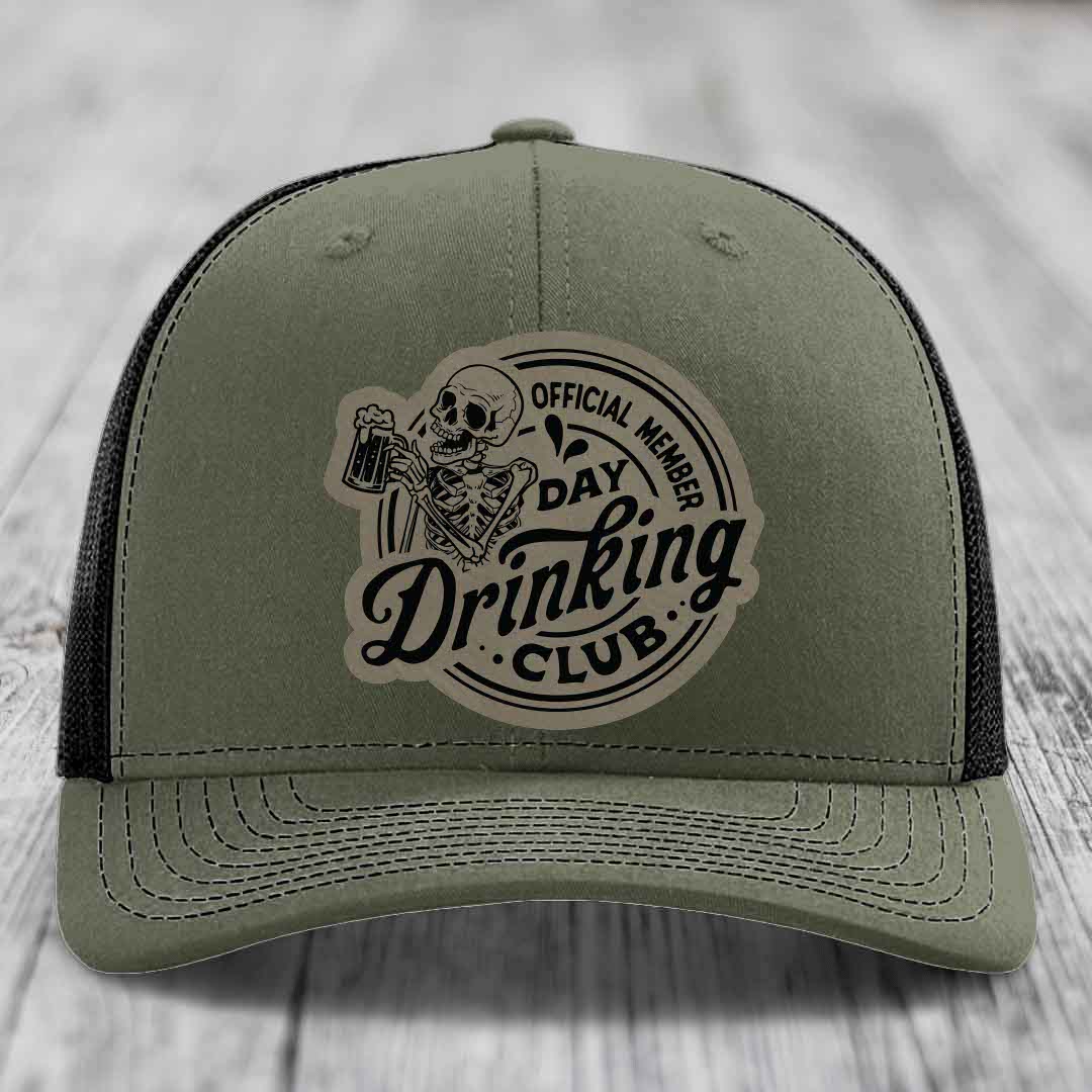 Official Member, Day Drinking Club - Leather Patch Hat - Light Brown to Black Patch - Richardson 112 Snapback Trucker Hat