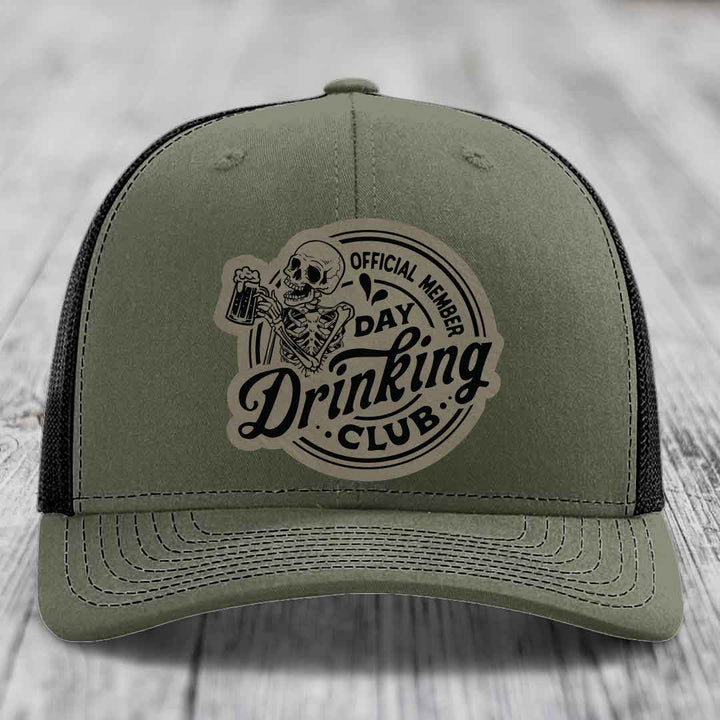 Official Member, Day Drinking Club - Leather Patch Hat - Light Brown to Black Patch - Richardson 112 Snapback Trucker Hat