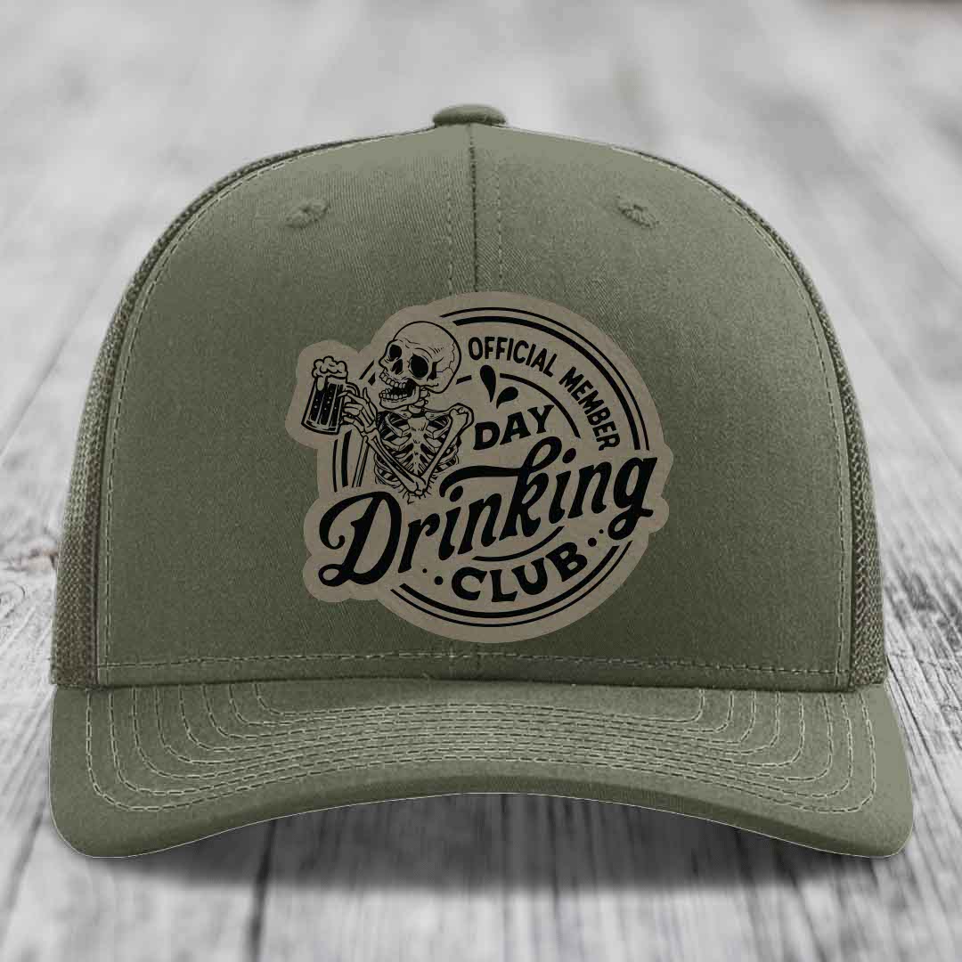Official Member, Day Drinking Club - Leather Patch Hat - Light Brown to Black Patch - Richardson 112 Snapback Trucker Hat