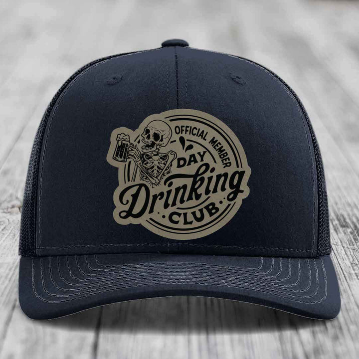 Official Member, Day Drinking Club - Leather Patch Hat - Light Brown to Black Patch - Richardson 112 Snapback Trucker Hat