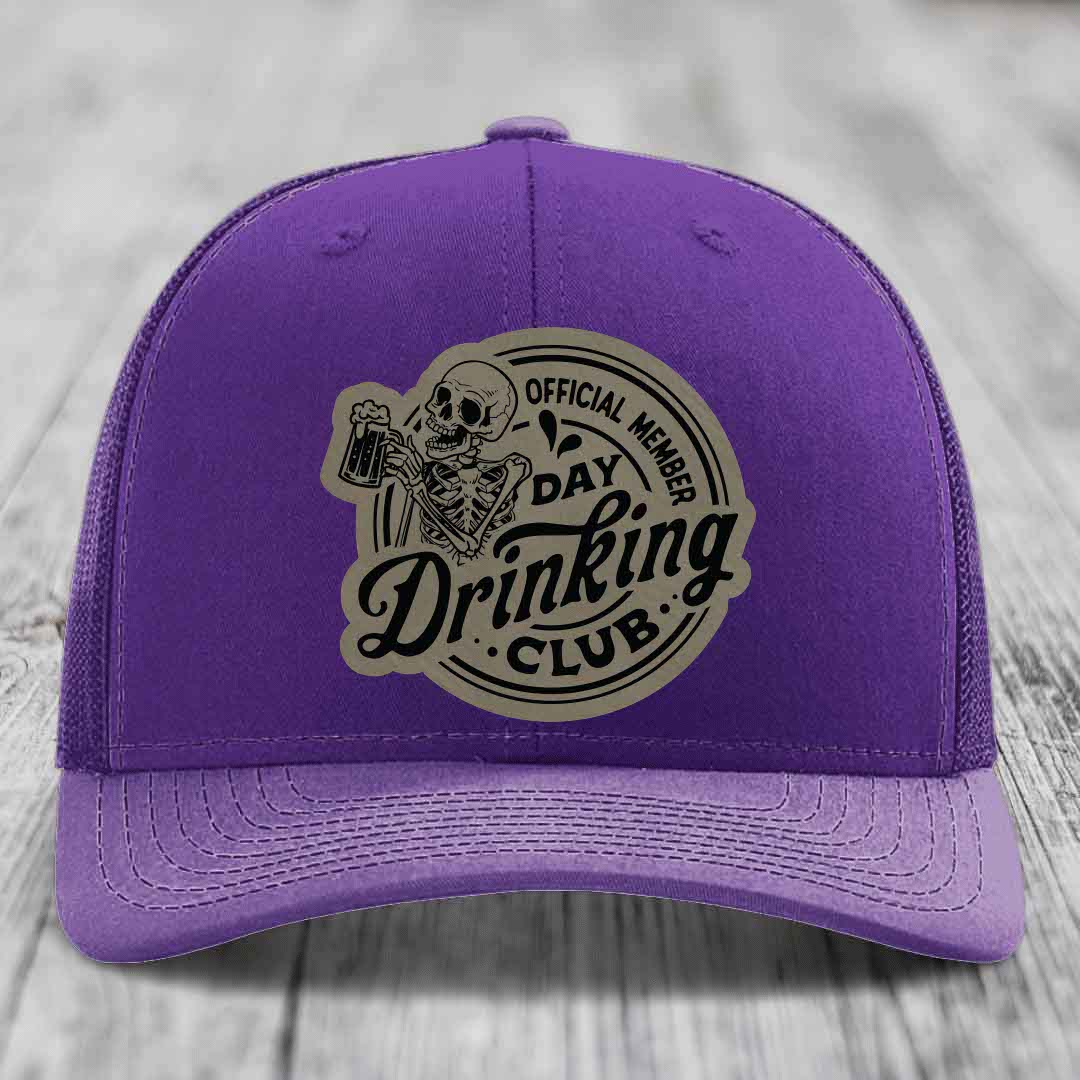 Official Member, Day Drinking Club - Leather Patch Hat - Light Brown to Black Patch - Richardson 112 Snapback Trucker Hat
