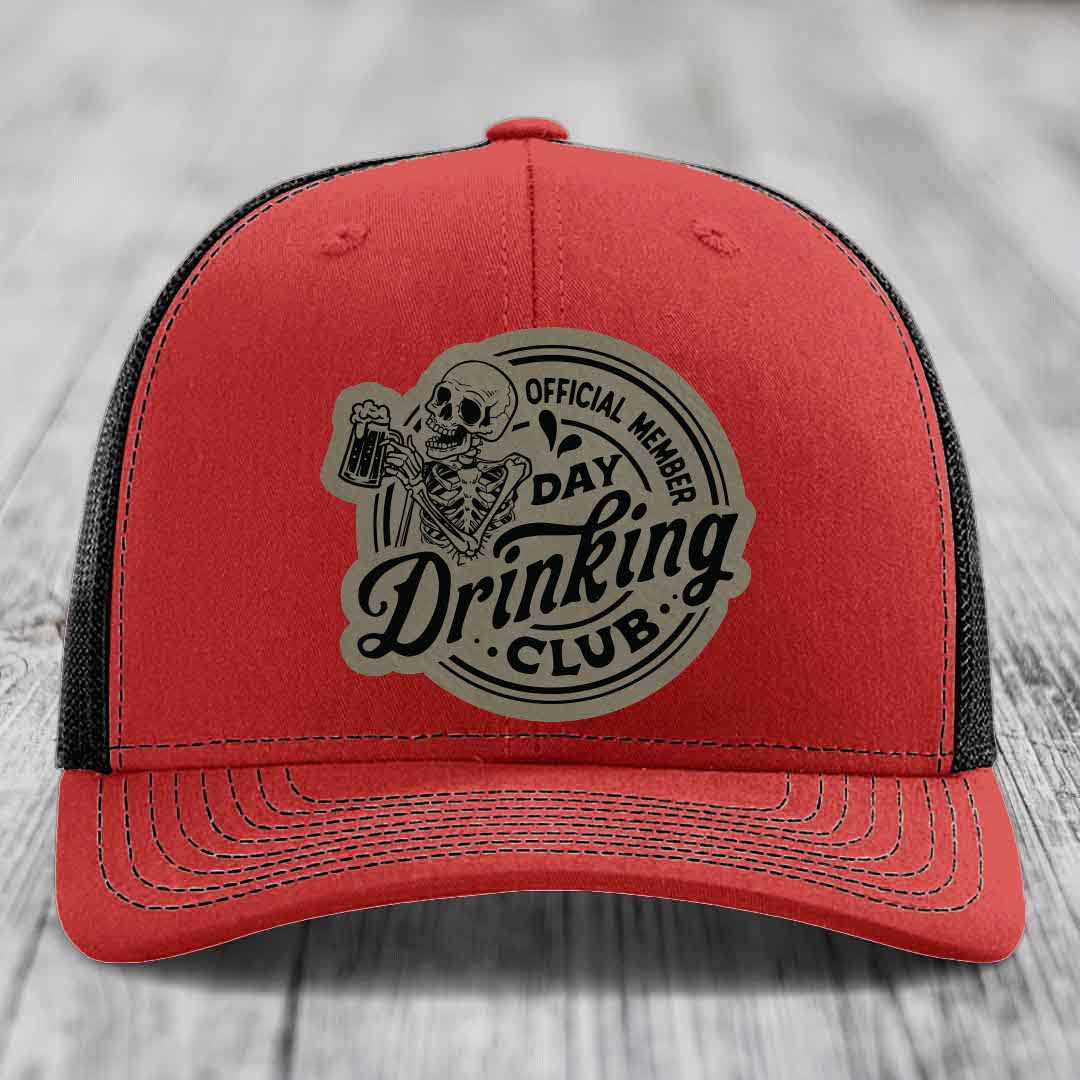 Official Member, Day Drinking Club - Leather Patch Hat - Light Brown to Black Patch - Richardson 112 Snapback Trucker Hat