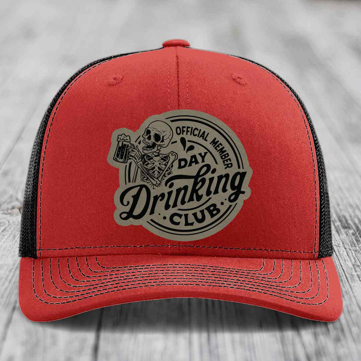 Official Member, Day Drinking Club - Leather Patch Hat - Light Brown to Black Patch - Richardson 112 Snapback Trucker Hat