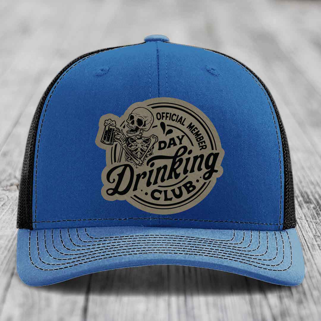 Official Member, Day Drinking Club - Leather Patch Hat - Light Brown to Black Patch - Richardson 112 Snapback Trucker Hat