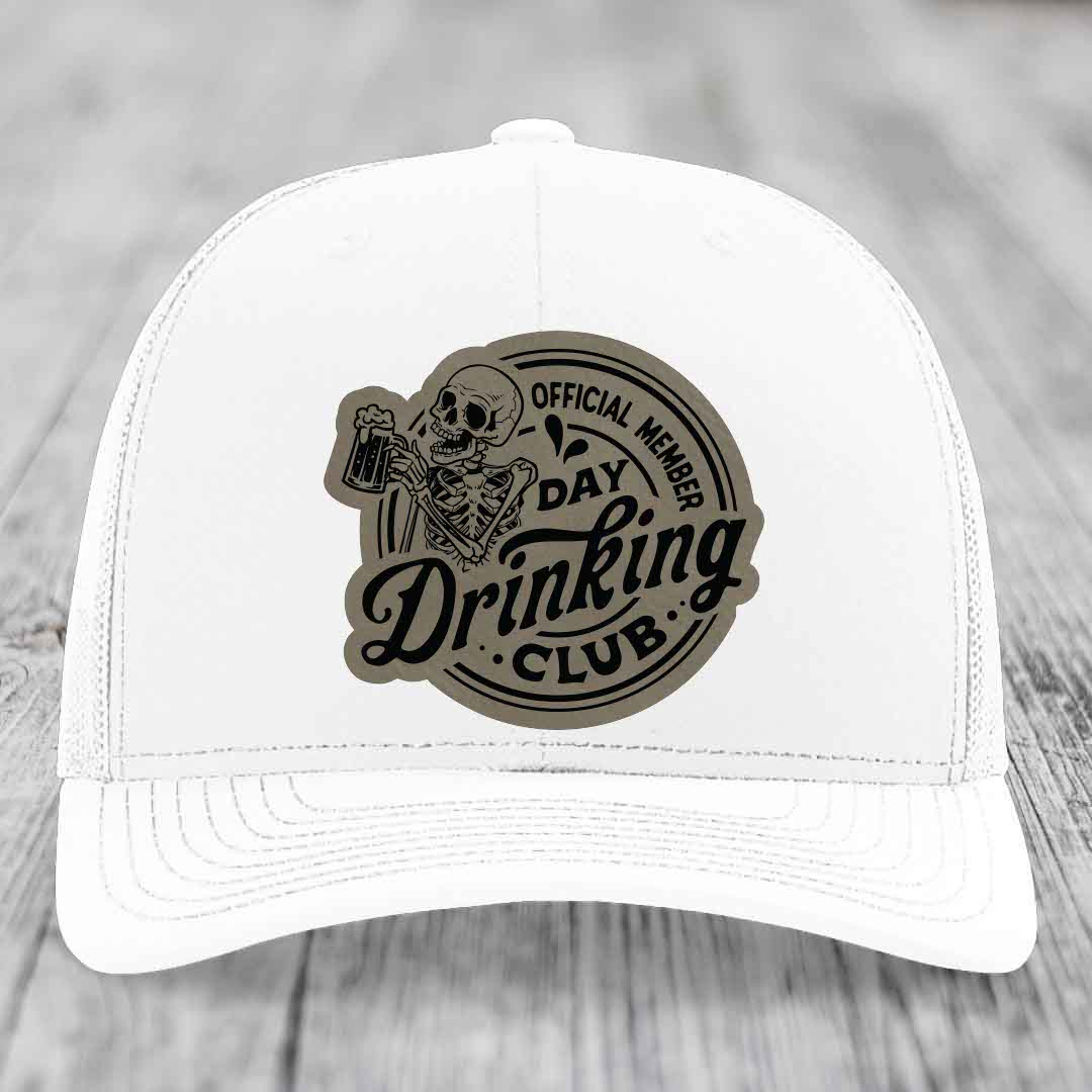 Official Member, Day Drinking Club - Leather Patch Hat - Light Brown to Black Patch - Richardson 112 Snapback Trucker Hat