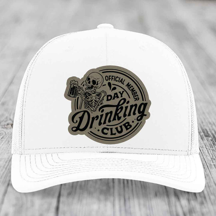 Official Member, Day Drinking Club - Leather Patch Hat - Light Brown to Black Patch - Richardson 112 Snapback Trucker Hat