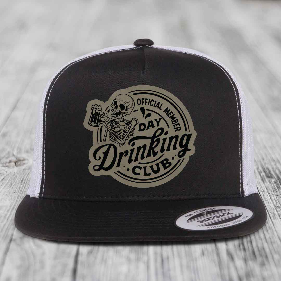 Official Member, Day Drinking Club - Leather Patch Hat - Light Brown to Black Patch - Yupoong 6006 Snapback Flatbill Hat