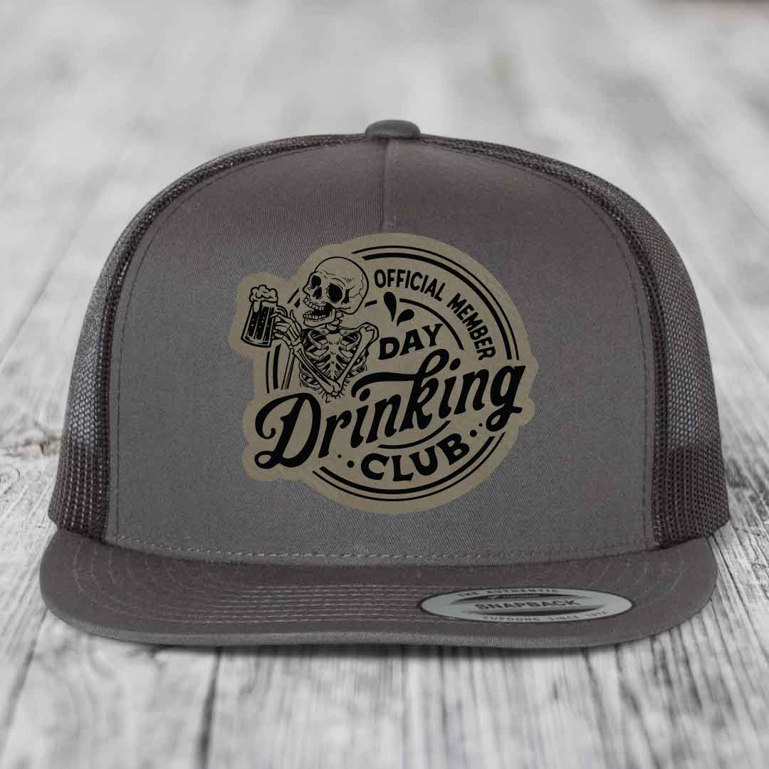 Official Member, Day Drinking Club - Leather Patch Hat - Light Brown to Black Patch - Yupoong 6006 Snapback Flatbill Hat