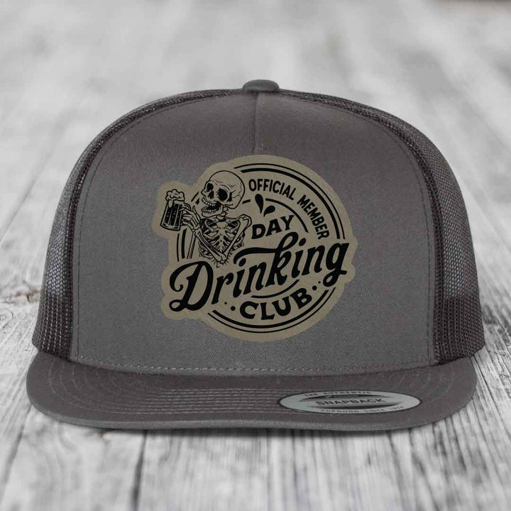Official Member, Day Drinking Club - Leather Patch Hat - Light Brown to Black Patch - Yupoong 6006 Snapback Flatbill Hat