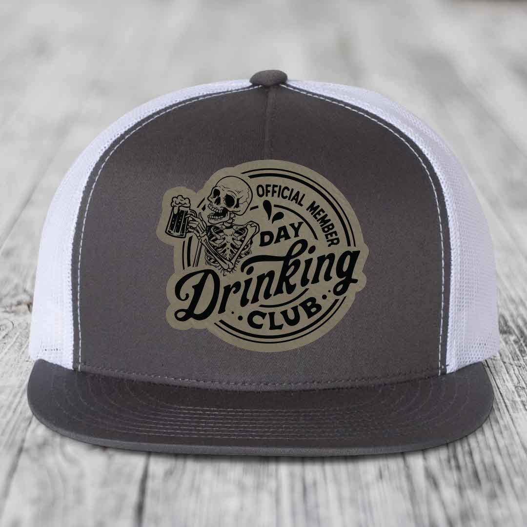 Official Member, Day Drinking Club - Leather Patch Hat - Light Brown to Black Patch - Yupoong 6006 Snapback Flatbill Hat