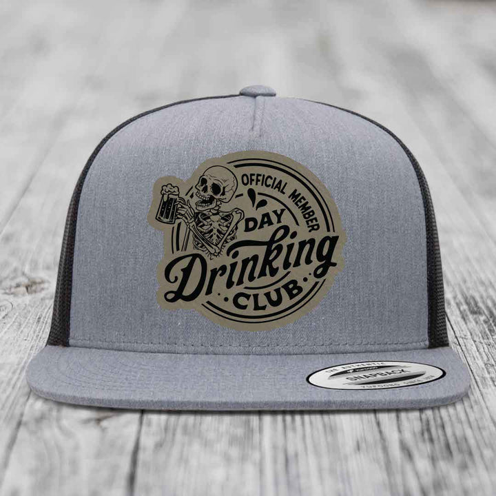 Official Member, Day Drinking Club - Leather Patch Hat - Light Brown to Black Patch - Yupoong 6006 Snapback Flatbill Hat