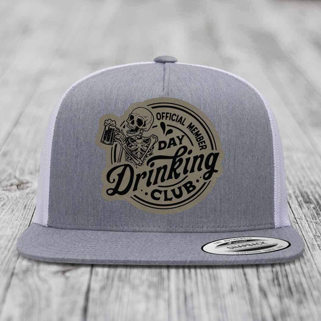 Official Member, Day Drinking Club - Leather Patch Hat - Light Brown to Black Patch - Yupoong 6006 Snapback Flatbill Hat