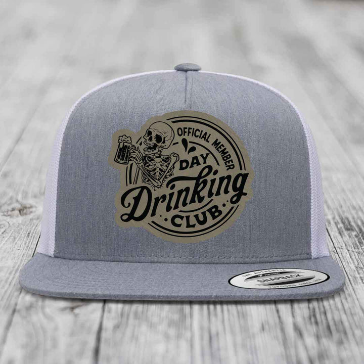 Official Member, Day Drinking Club - Leather Patch Hat - Light Brown to Black Patch - Yupoong 6006 Snapback Flatbill Hat