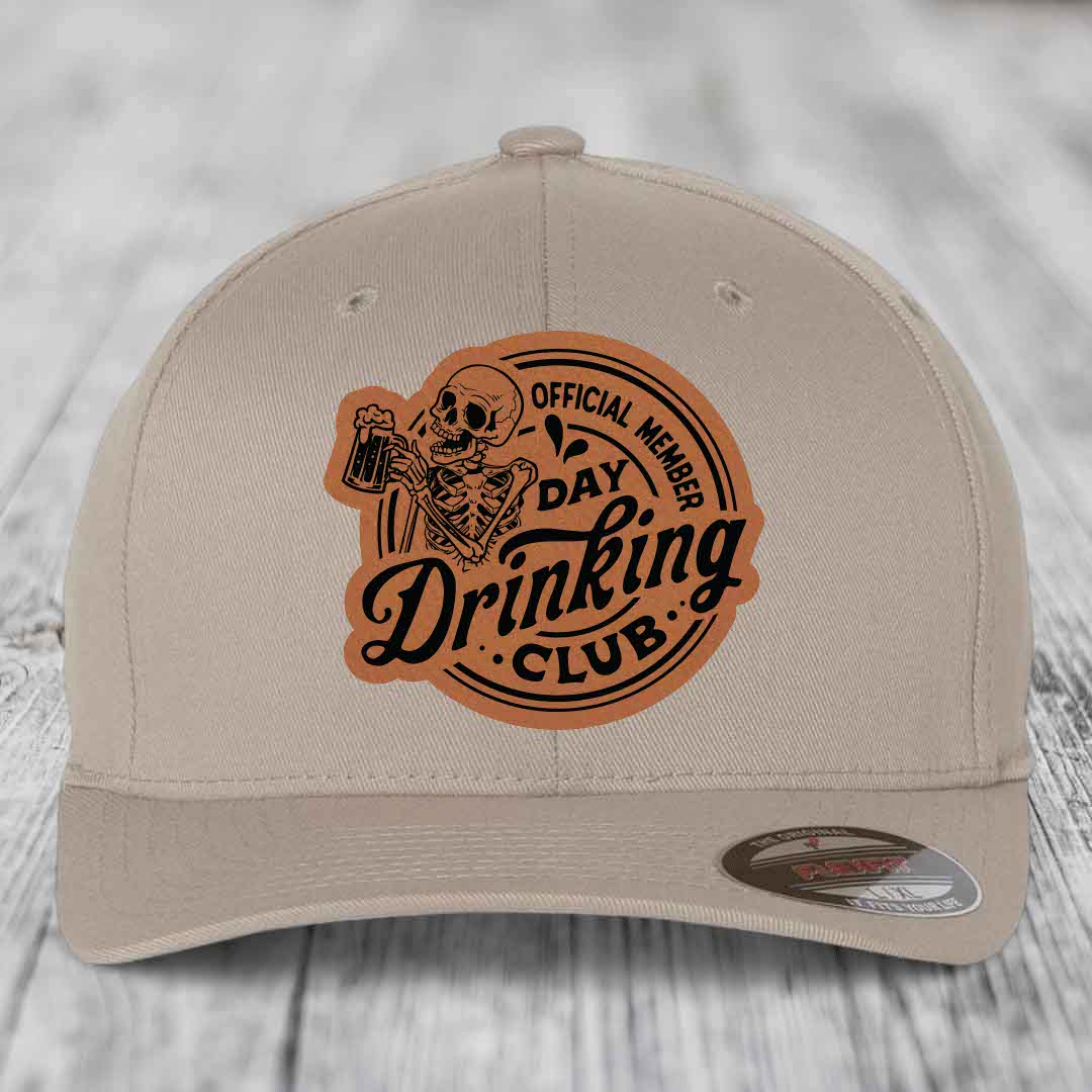 Official Member, Day Drinking Club - Leather Patch Hat - Rawhide to Black Patch - Flexfit 6277 Fitted Hat