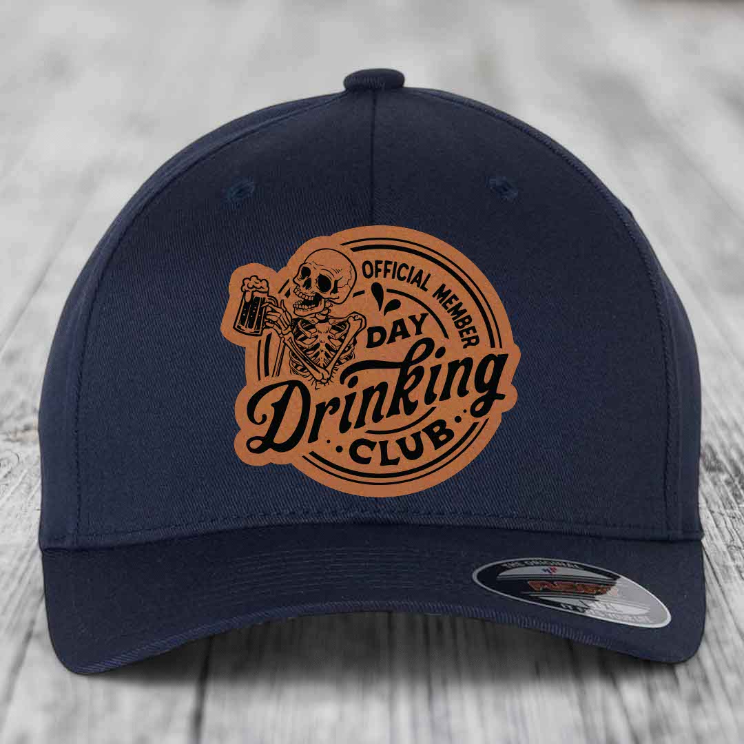 Official Member, Day Drinking Club - Leather Patch Hat - Rawhide to Black Patch - Flexfit 6277 Fitted Hat
