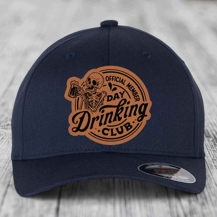 Official Member, Day Drinking Club - Leather Patch Hat - Rawhide to Black Patch - Flexfit 6277 Fitted Hat