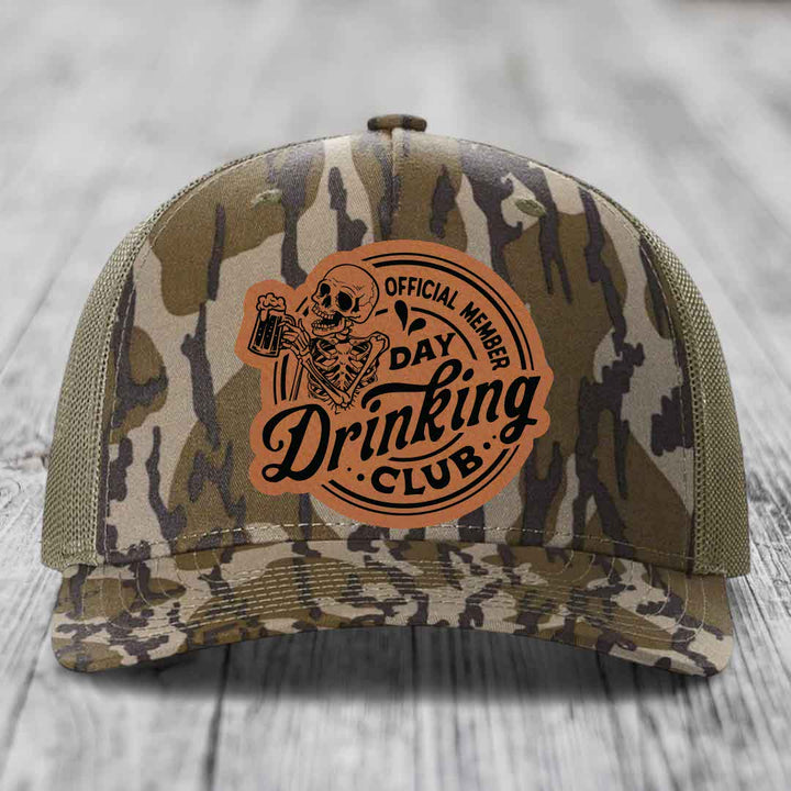 Official Member, Day Drinking Club - Leather Patch Hat - Rawhide to Black Patch - Richardson 112PFP Snapback Trucker Hat