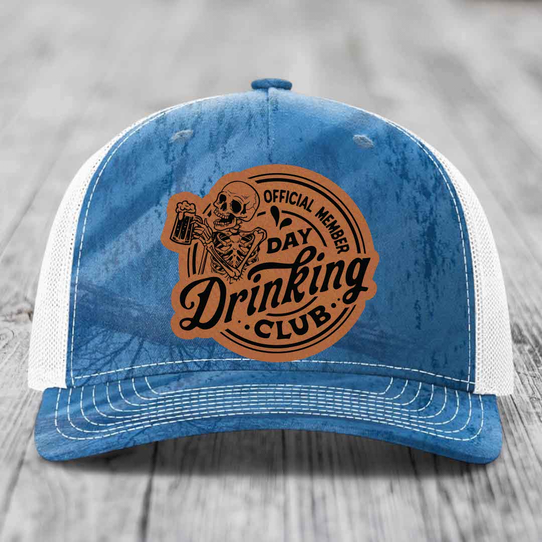 Official Member, Day Drinking Club - Leather Patch Hat - Rawhide to Black Patch - Richardson 112PFP Snapback Trucker Hat
