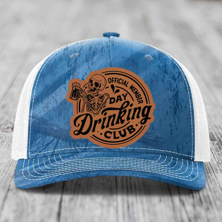 Official Member, Day Drinking Club - Leather Patch Hat - Rawhide to Black Patch - Richardson 112PFP Snapback Trucker Hat