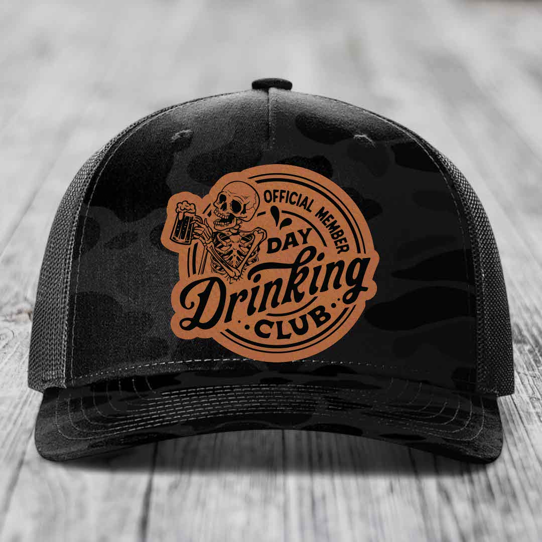 Official Member, Day Drinking Club - Leather Patch Hat - Rawhide to Black Patch - Richardson 112PFP Snapback Trucker Hat