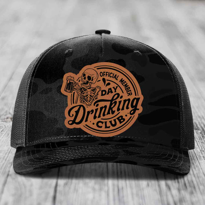 Official Member, Day Drinking Club - Leather Patch Hat - Rawhide to Black Patch - Richardson 112PFP Snapback Trucker Hat
