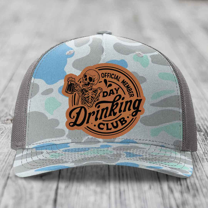 Official Member, Day Drinking Club - Leather Patch Hat - Rawhide to Black Patch - Richardson 112PFP Snapback Trucker Hat