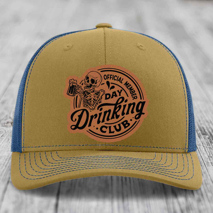 Official Member, Day Drinking Club - Leather Patch Hat - Rawhide to Black Patch - Richardson 112 Snapback Trucker Hat