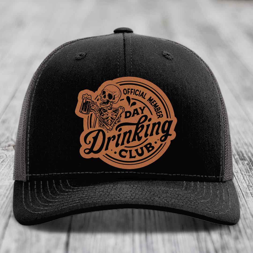 Official Member, Day Drinking Club - Leather Patch Hat - Rawhide to Black Patch - Richardson 112 Snapback Trucker Hat