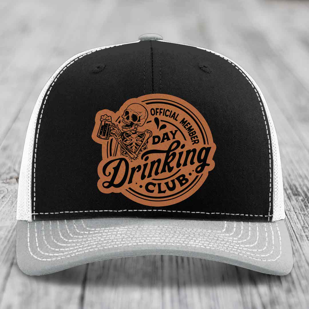 Official Member, Day Drinking Club - Leather Patch Hat - Rawhide to Black Patch - Richardson 112 Snapback Trucker Hat