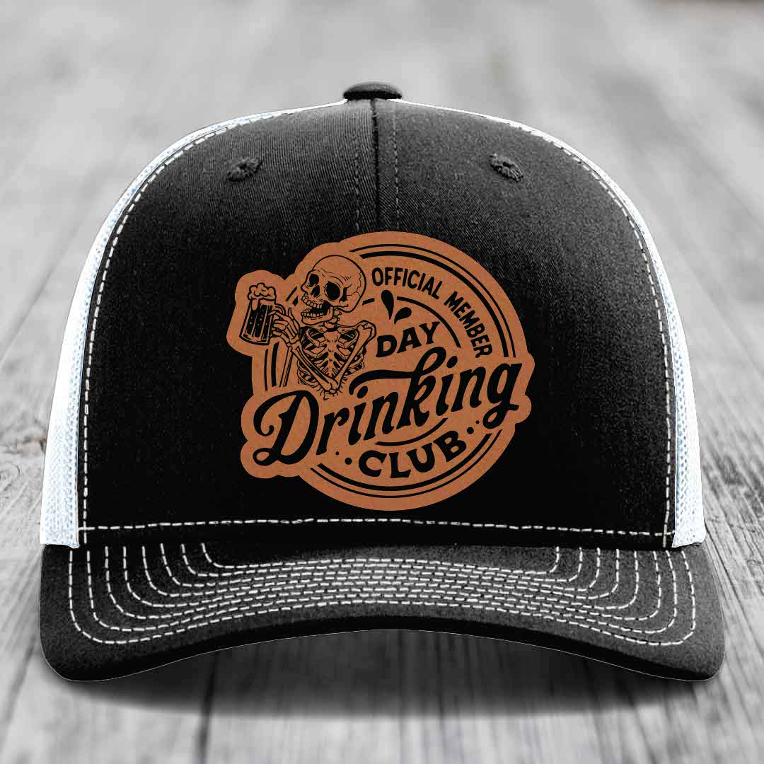 Official Member, Day Drinking Club - Leather Patch Hat - Rawhide to Black Patch - Richardson 112 Snapback Trucker Hat