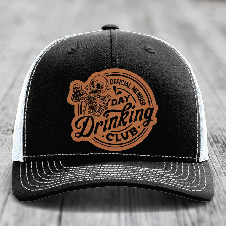 Official Member, Day Drinking Club - Leather Patch Hat - Rawhide to Black Patch - Richardson 112 Snapback Trucker Hat