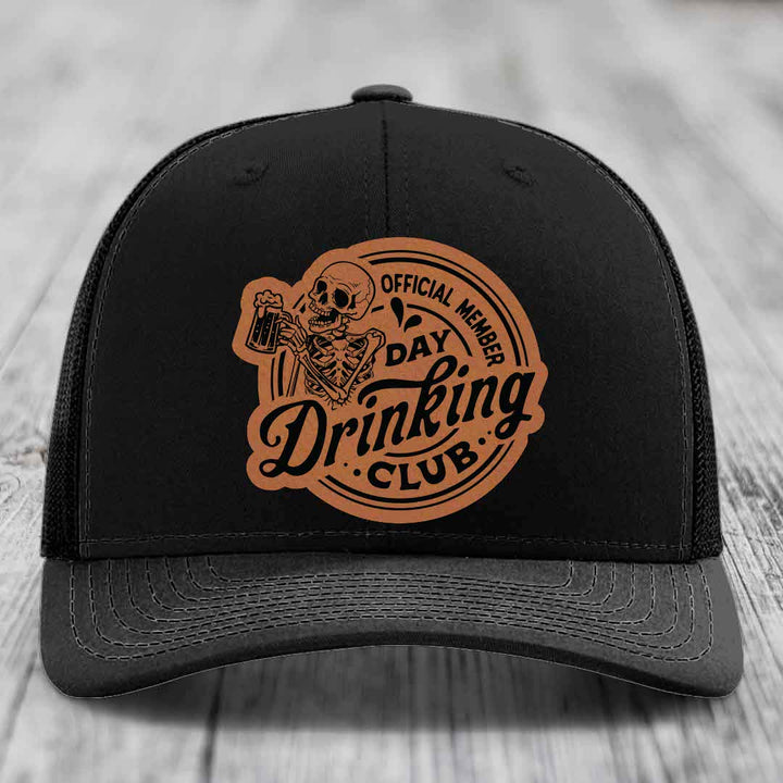 Official Member, Day Drinking Club - Leather Patch Hat - Rawhide to Black Patch - Richardson 112 Snapback Trucker Hat