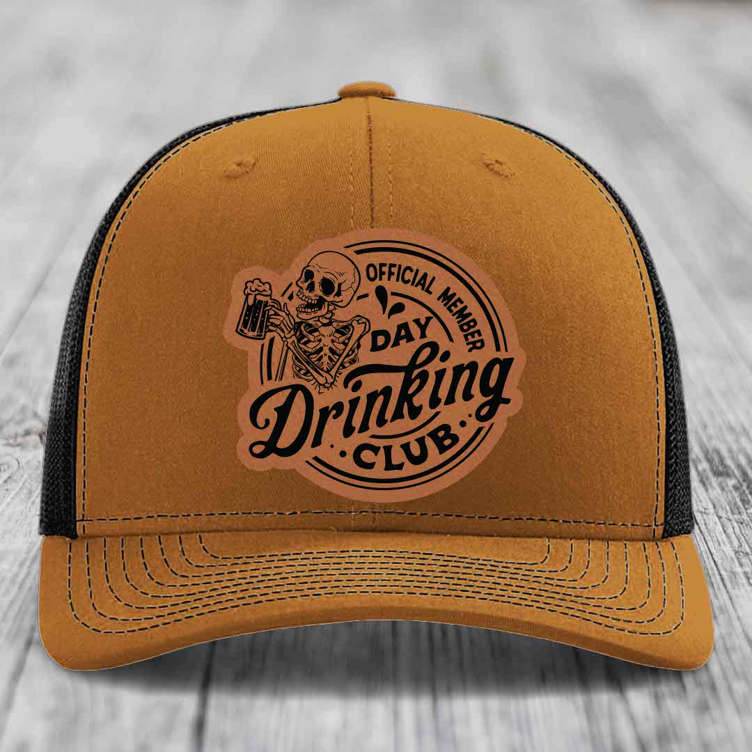 Official Member, Day Drinking Club - Leather Patch Hat - Rawhide to Black Patch - Richardson 112 Snapback Trucker Hat