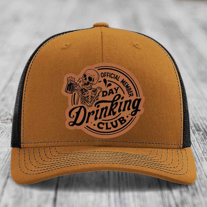 Official Member, Day Drinking Club - Leather Patch Hat - Rawhide to Black Patch - Richardson 112 Snapback Trucker Hat