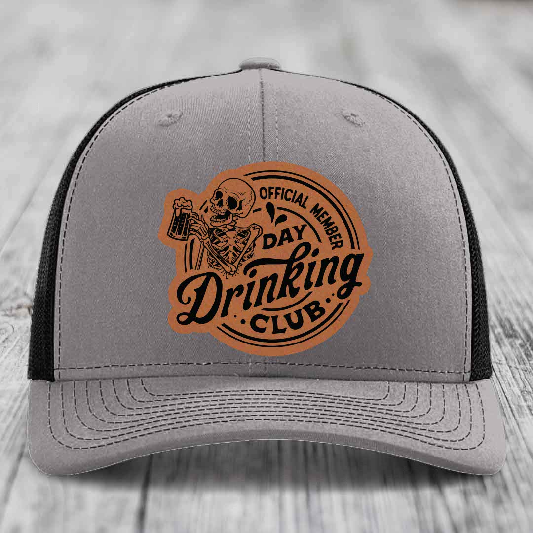 Official Member, Day Drinking Club - Leather Patch Hat - Rawhide to Black Patch - Richardson 112 Snapback Trucker Hat