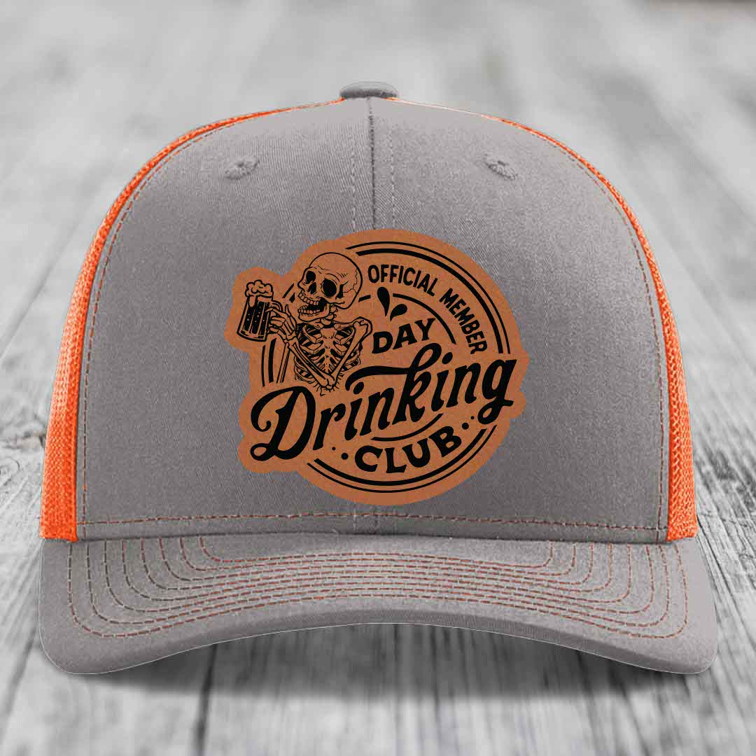 Official Member, Day Drinking Club - Leather Patch Hat - Rawhide to Black Patch - Richardson 112 Snapback Trucker Hat