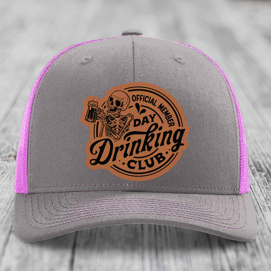 Official Member, Day Drinking Club - Leather Patch Hat - Rawhide to Black Patch - Richardson 112 Snapback Trucker Hat
