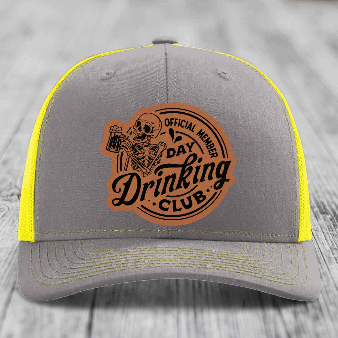 Official Member, Day Drinking Club - Leather Patch Hat - Rawhide to Black Patch - Richardson 112 Snapback Trucker Hat