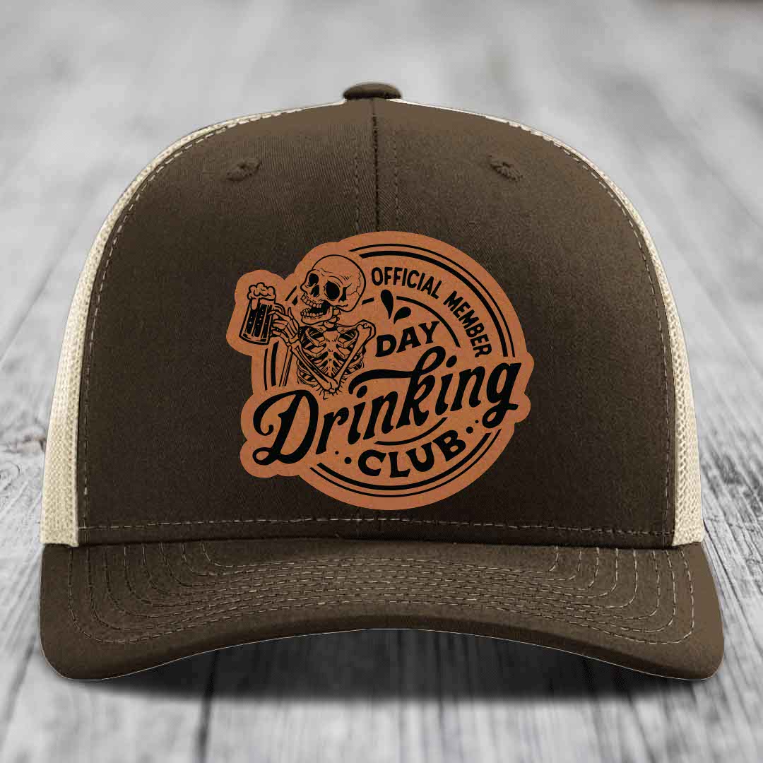 Official Member, Day Drinking Club - Leather Patch Hat - Rawhide to Black Patch - Richardson 112 Snapback Trucker Hat