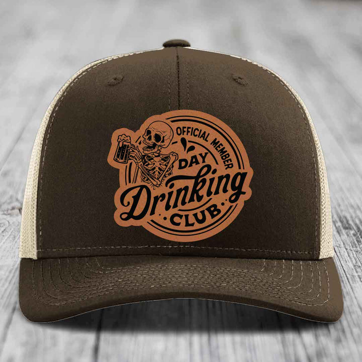 Official Member, Day Drinking Club - Leather Patch Hat - Rawhide to Black Patch - Richardson 112 Snapback Trucker Hat