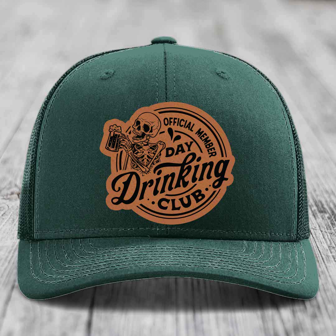 Official Member, Day Drinking Club - Leather Patch Hat - Rawhide to Black Patch - Richardson 112 Snapback Trucker Hat