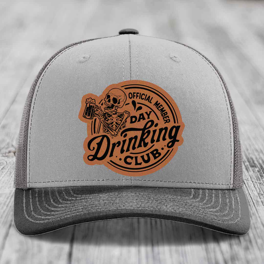 Official Member, Day Drinking Club - Leather Patch Hat - Rawhide to Black Patch - Richardson 112 Snapback Trucker Hat