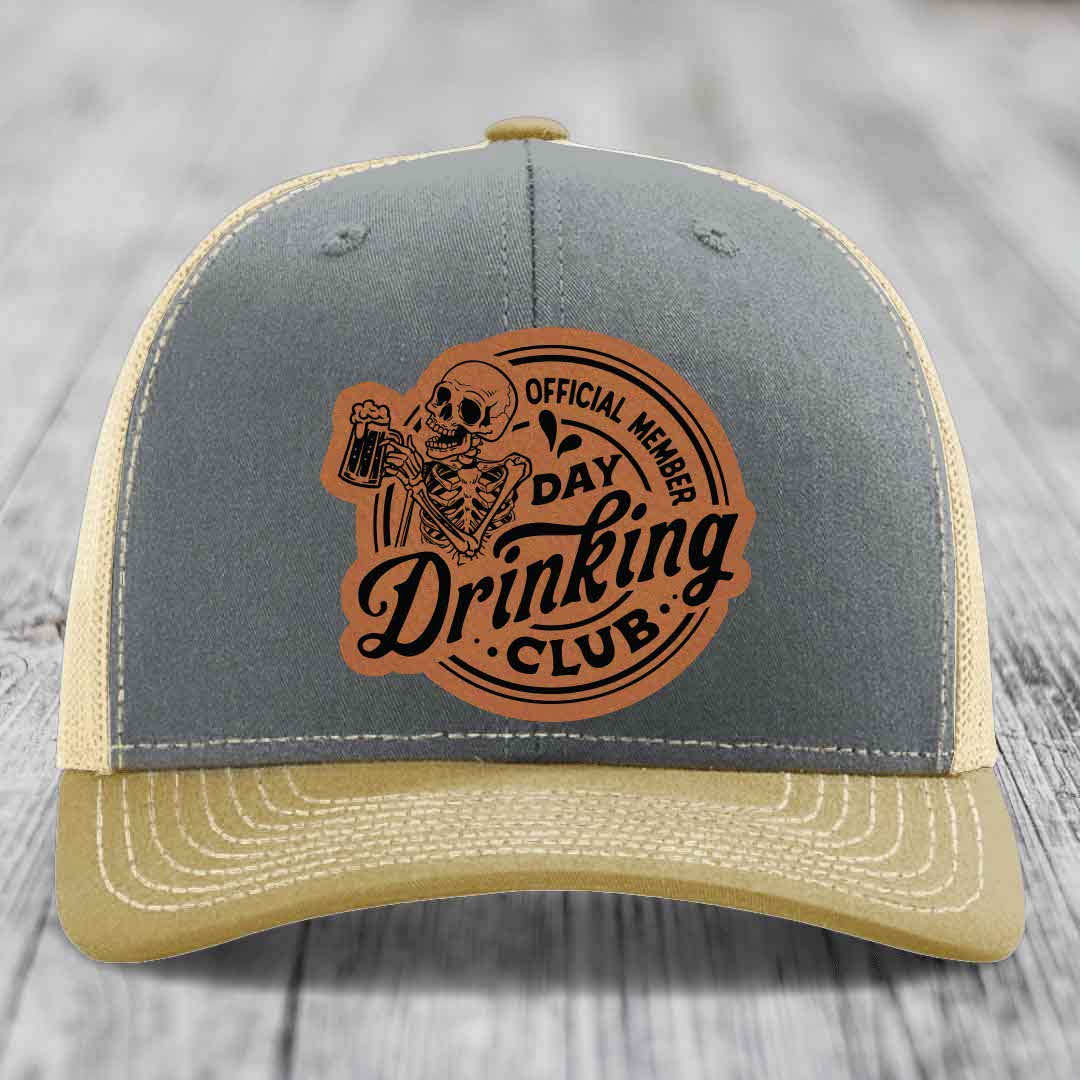 Official Member, Day Drinking Club - Leather Patch Hat - Rawhide to Black Patch - Richardson 112 Snapback Trucker Hat