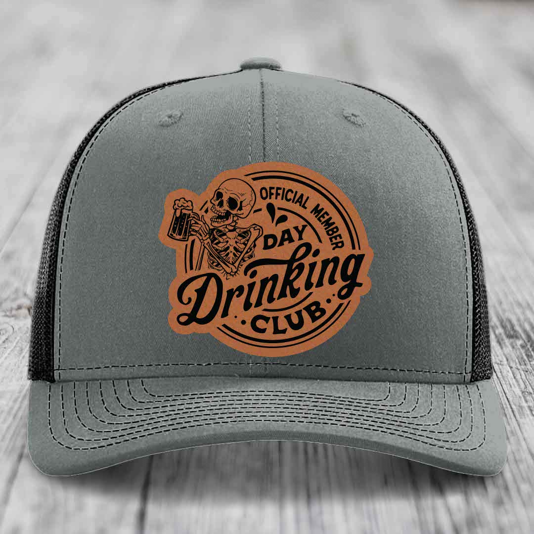 Official Member, Day Drinking Club - Leather Patch Hat - Rawhide to Black Patch - Richardson 112 Snapback Trucker Hat