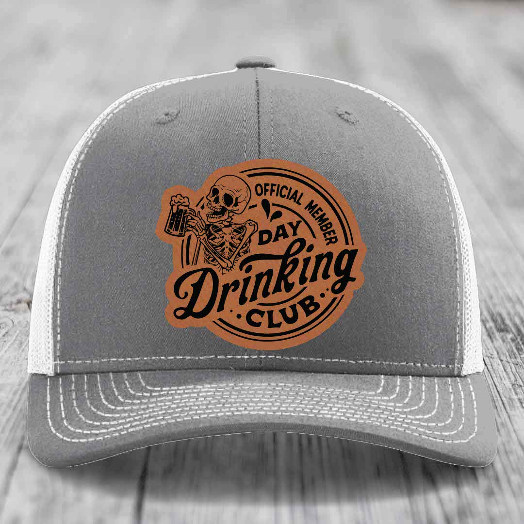 Official Member, Day Drinking Club - Leather Patch Hat - Rawhide to Black Patch - Richardson 112 Snapback Trucker Hat