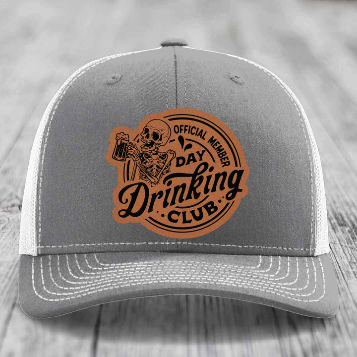 Official Member, Day Drinking Club - Leather Patch Hat - Rawhide to Black Patch - Richardson 112 Snapback Trucker Hat